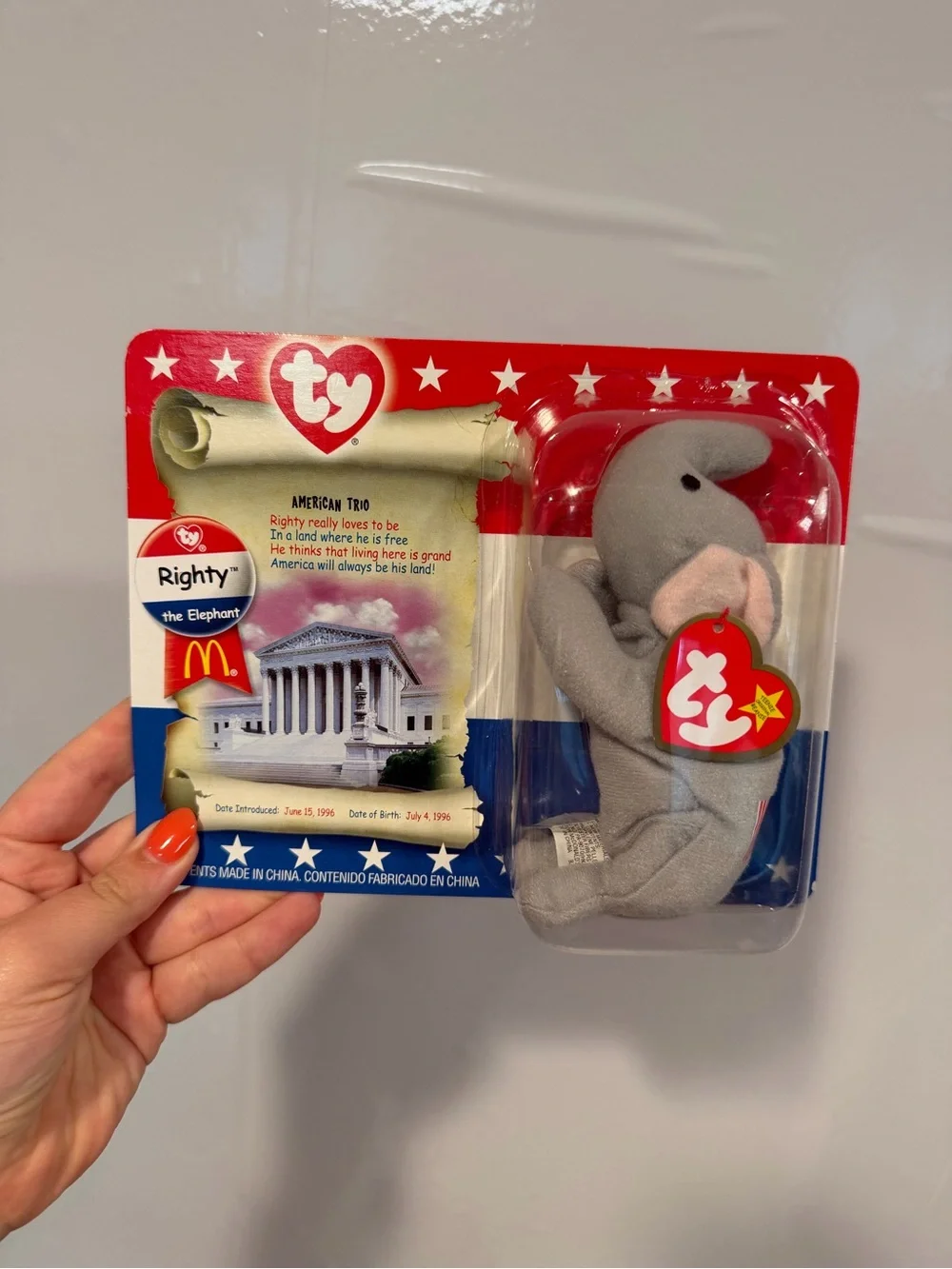 Ty Beanie Babies Patriotic Set - Patriotic Bear, Blue Whale, Gray Elephant